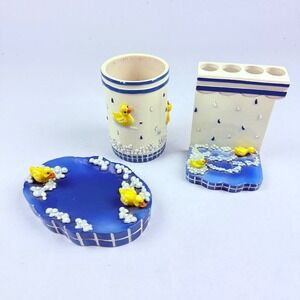 Vintage Rubber Duck 3 Piece Bathroom Set Soap Dish Toothbrush Holder Tumbler